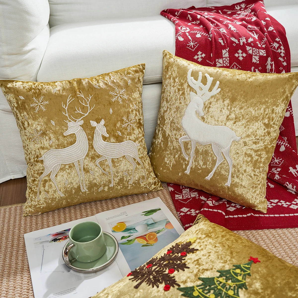 Pintara Christmas Pillow Cover 18x18 - Gold Velvet with Embroidered Designs