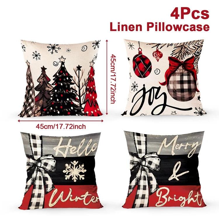 Zenara 4Pcs Christmas Linen Cushion Covers - Holiday Pillowcases