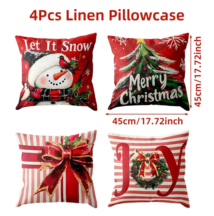 Zenara 4Pcs Christmas Linen Cushion Covers - Holiday Pillowcases