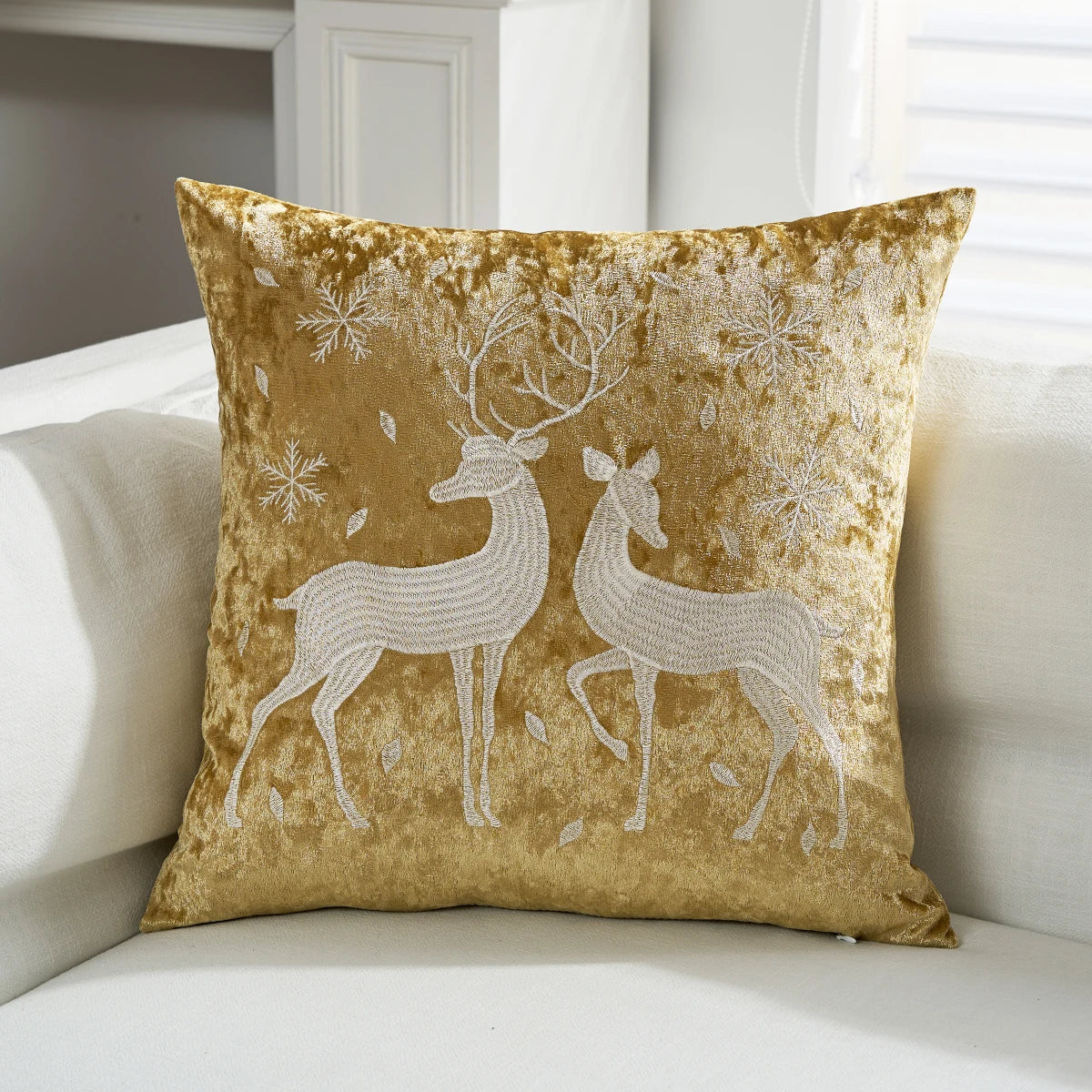 Pintara Christmas Pillow Cover 18x18 - Gold Velvet with Embroidered Designs