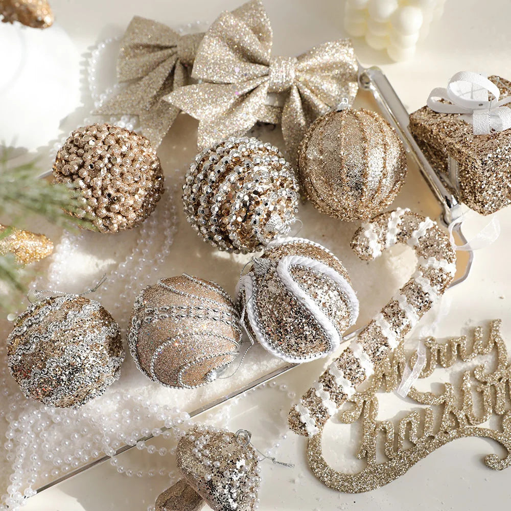 Mandie Champagne Gold Glitter Christmas Tree Ornaments Set - Sequin Balls, Stars & Bows