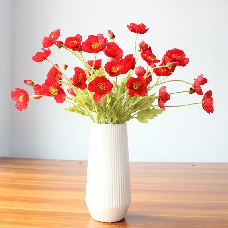 Valencia artificial poppy flowers red orange silk stem in terracotta pot