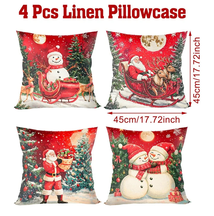 Zenara 4Pcs Christmas Linen Cushion Covers - Holiday Pillowcases