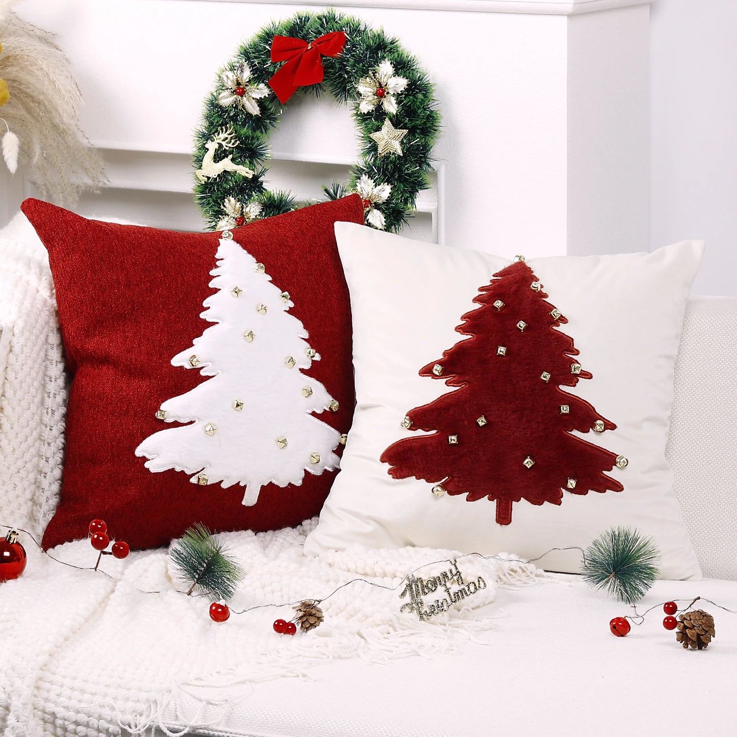 Tensy Christmas Tree Embroidery Pillow Cover with Golden Bells - 18x18 Xmas Cushion