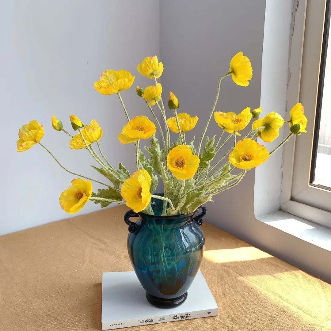 Valencia artificial poppy flowers yellow silk long stem in blue vase styling