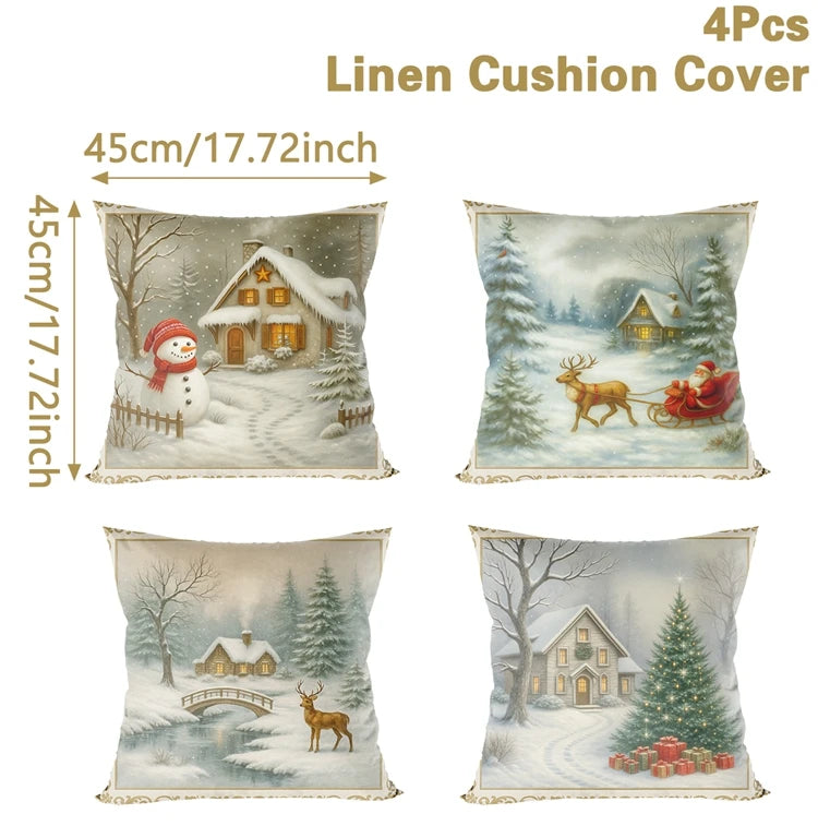 Zenara 4Pcs Christmas Linen Cushion Covers - Holiday Pillowcases