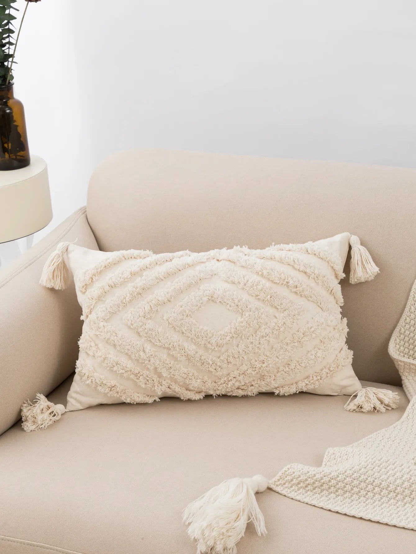 Isabelle Beige Tufted Lumbar Pillow Cover - Decorative Fringe Cushion