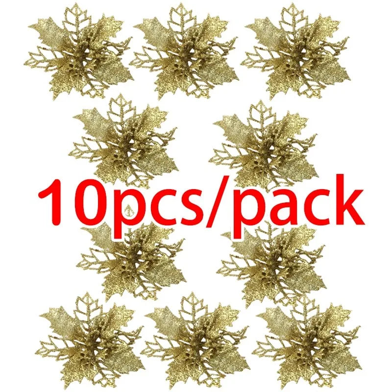 Maison 10Pcs Glitter Christmas Flower Ornaments - 8cm Artificial Holiday Tree Decorations