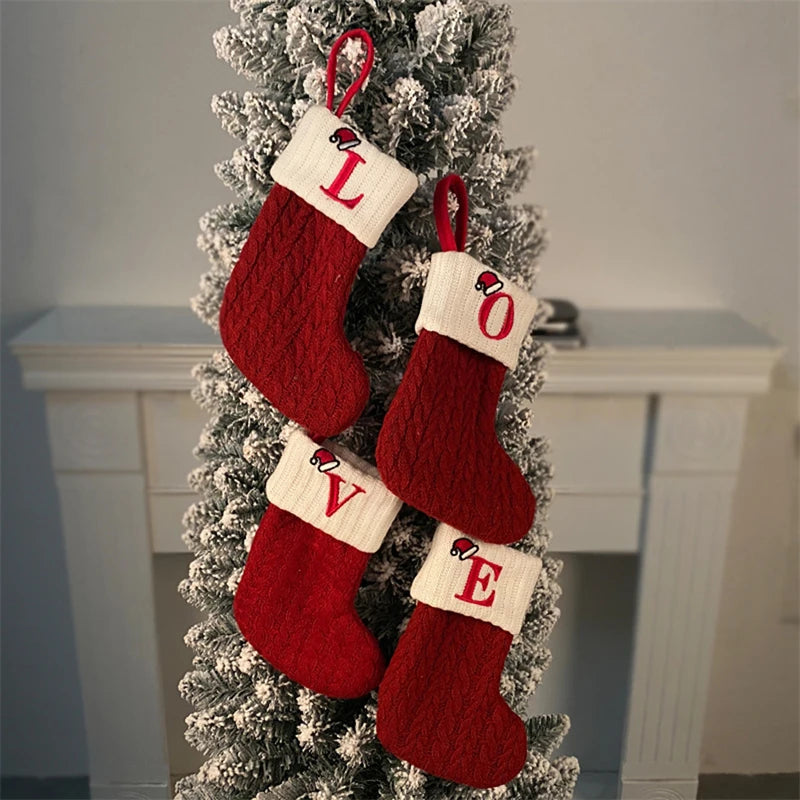 Berry Christmas Alphabet Knit Stockings - Holiday Tree Ornament Decoration