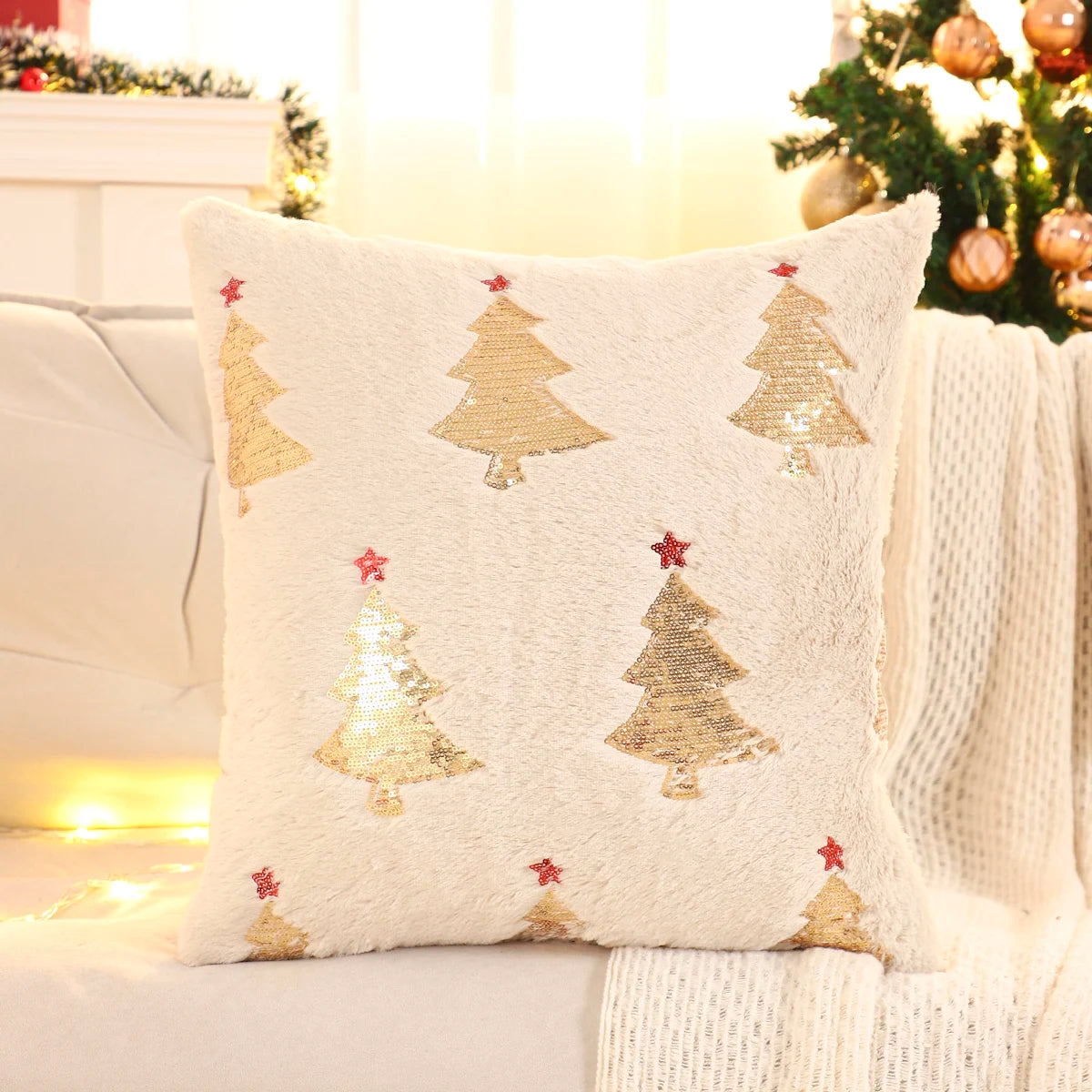 Blliss Christmas Tree Pillow Cover 18x18 - Gold Sequin Plush Decorative