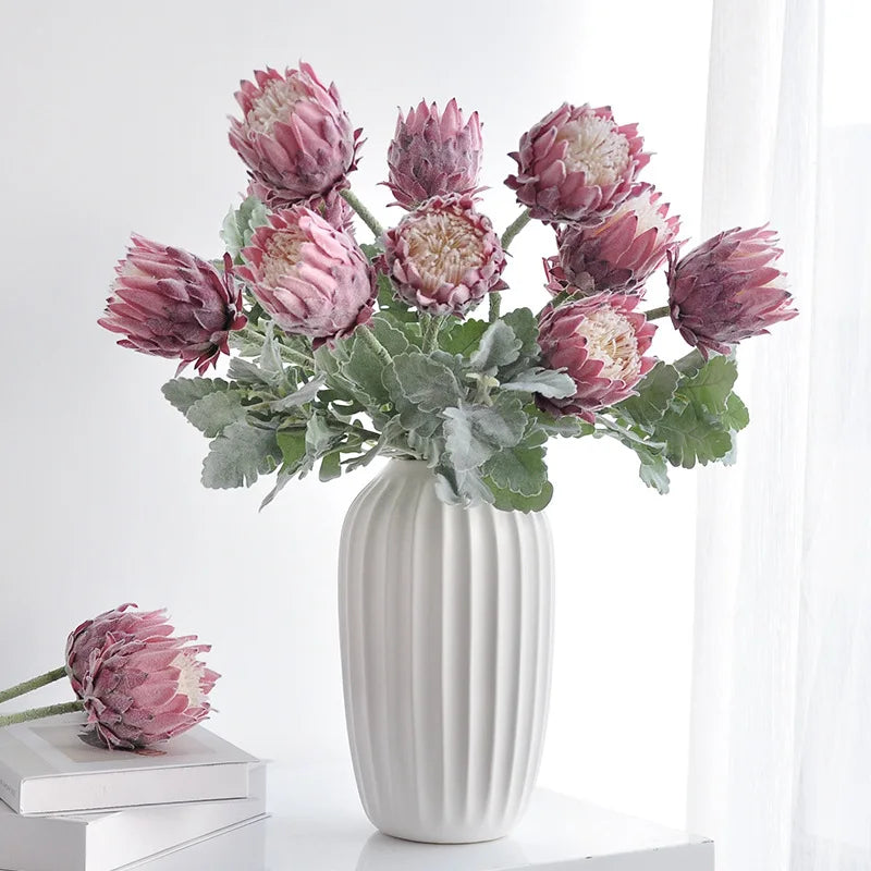 Moso artificial king protea bouquet in white vase - 25 inch faux flowers