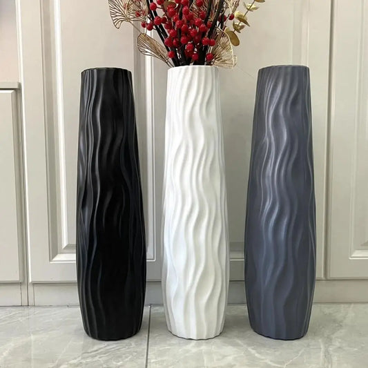 Black white and gray textured floor vase with vertical line pattern - tall decorative standing vase for modern living room
