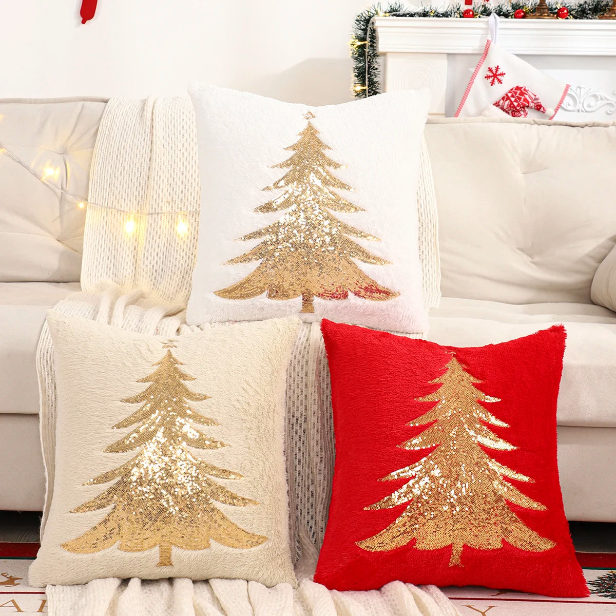 Hana Gold Sequin Christmas Tree Pillow Cover - Plush Embroidered Throw Cushion