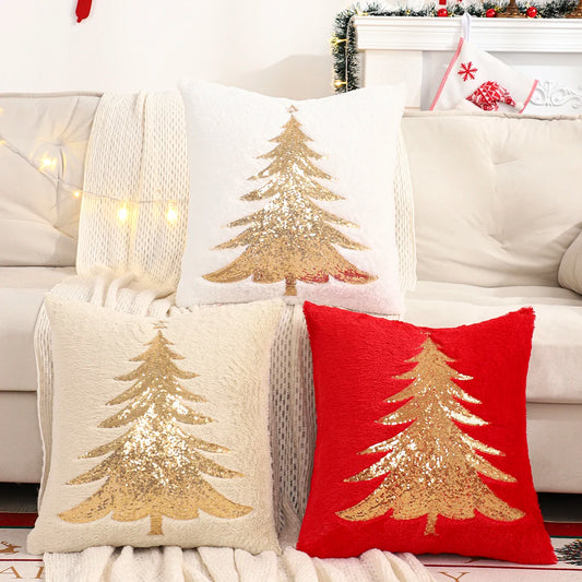 Hana Gold Sequin Christmas Tree Pillow Cover - Plush Embroidered Throw Cushion