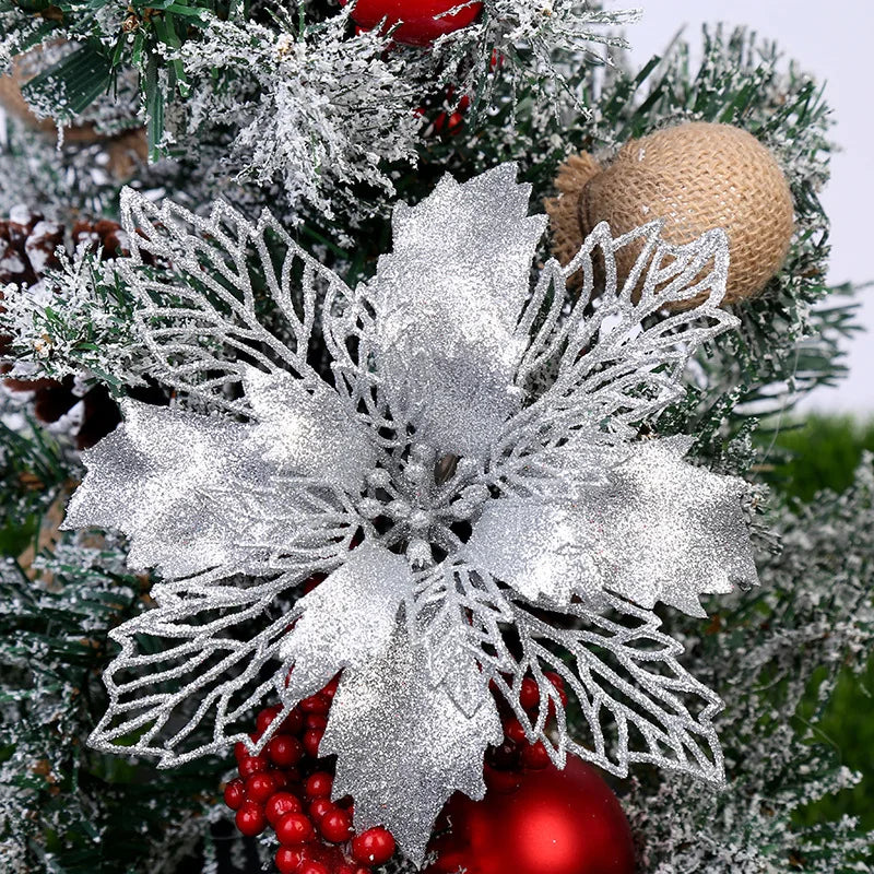Maison 10Pcs Glitter Christmas Flower Ornaments - 8cm Artificial Holiday Tree Decorations