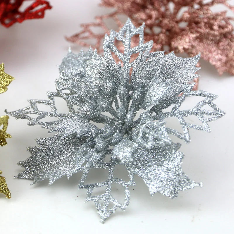 Maison 10Pcs Glitter Christmas Flower Ornaments - 8cm Artificial Holiday Tree Decorations