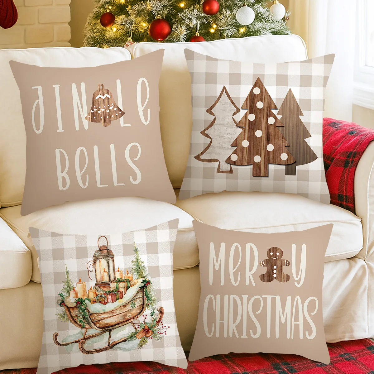 Zenara 4Pcs Christmas Linen Cushion Covers - Holiday Pillowcases