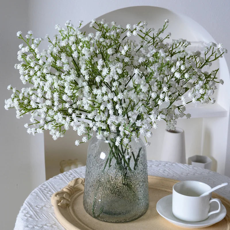 Skies artificial baby's breath 52cm white in glass vase elegant display