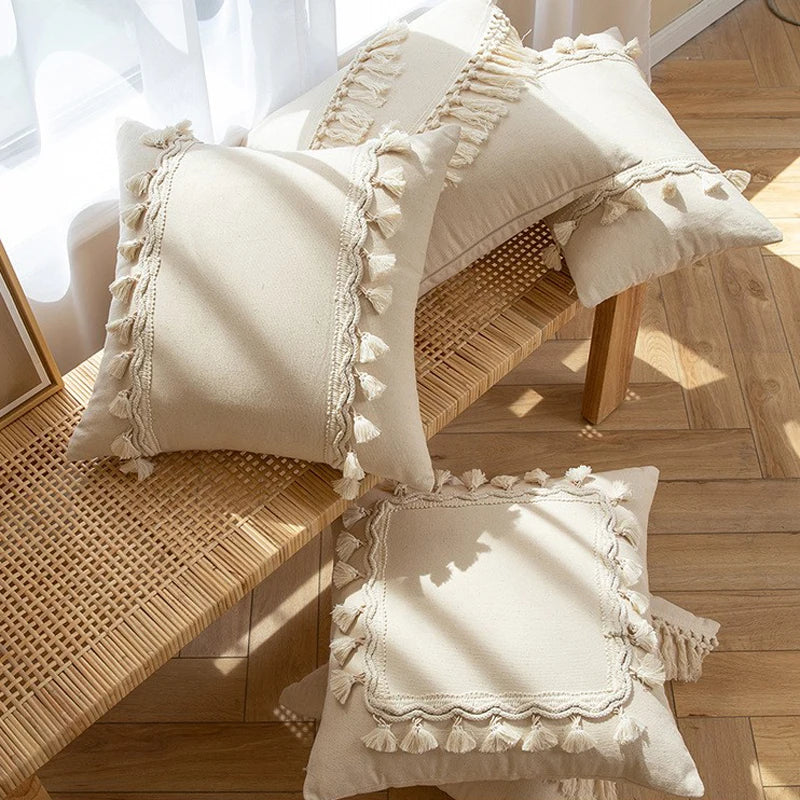Zahara Moroccan Fringed Cushion Cover - Handmade Cotton Weave with Tassels