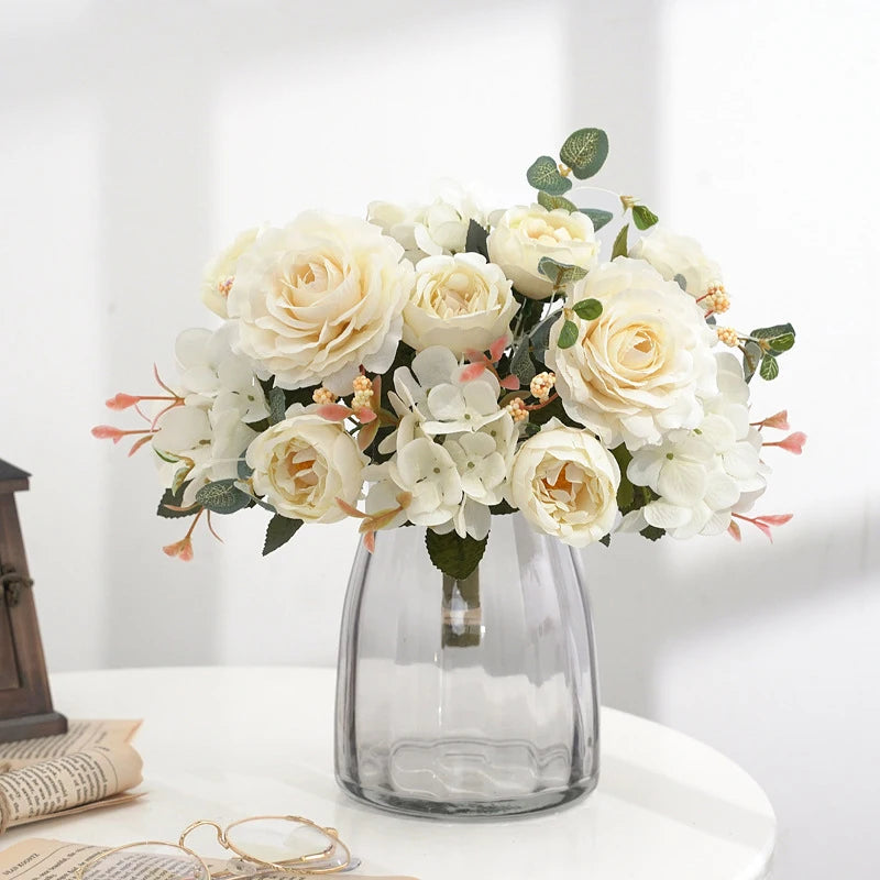 Cream white silk rose bouquet for home and wedding decoration