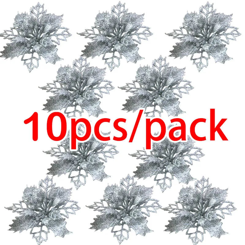 Maison 10Pcs Glitter Christmas Flower Ornaments - 8cm Artificial Holiday Tree Decorations