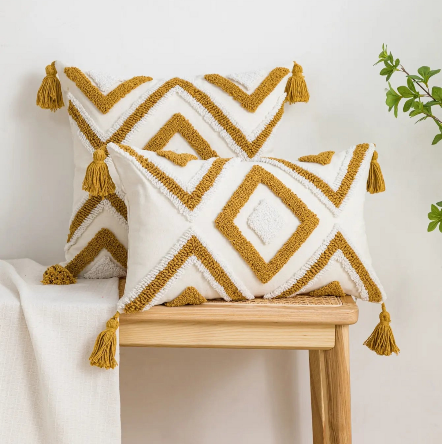 Solaris Boho Golden Brown Geometric Pillow Cover - 100% Cotton Tufted Cushion