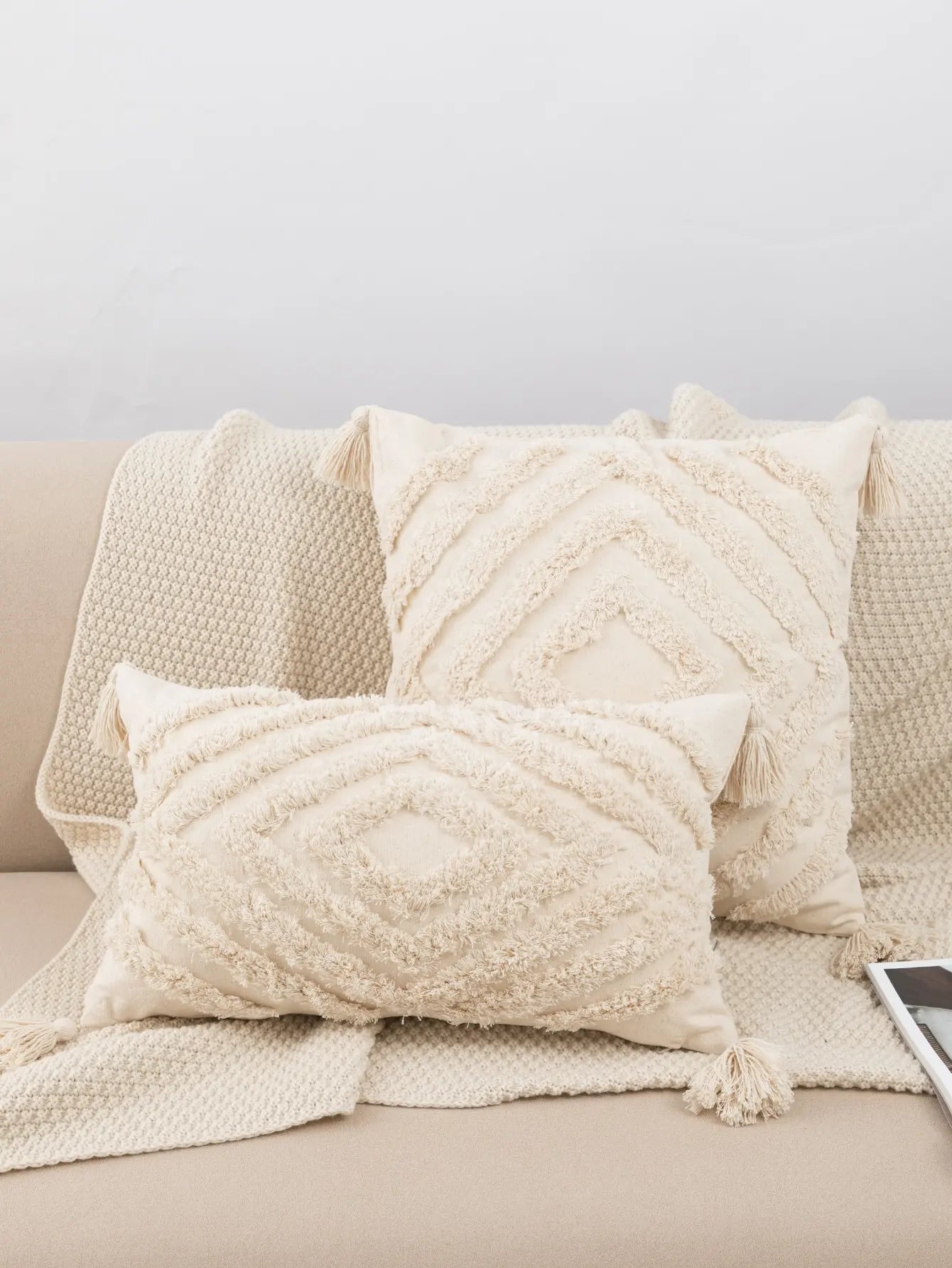 Isabelle Beige Tufted Lumbar Pillow Cover - Decorative Fringe Cushion