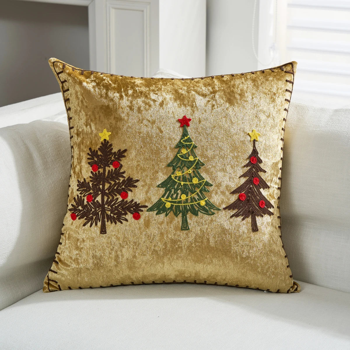 Pintara Christmas Pillow Cover 18x18 - Gold Velvet with Embroidered Designs