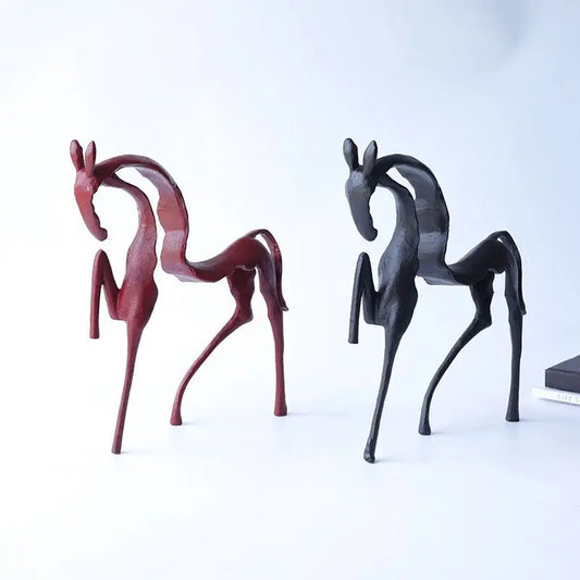 Caballo Aluminum Horse Sculpture - Modern Fortune Figurine in black and red, side by side comparison