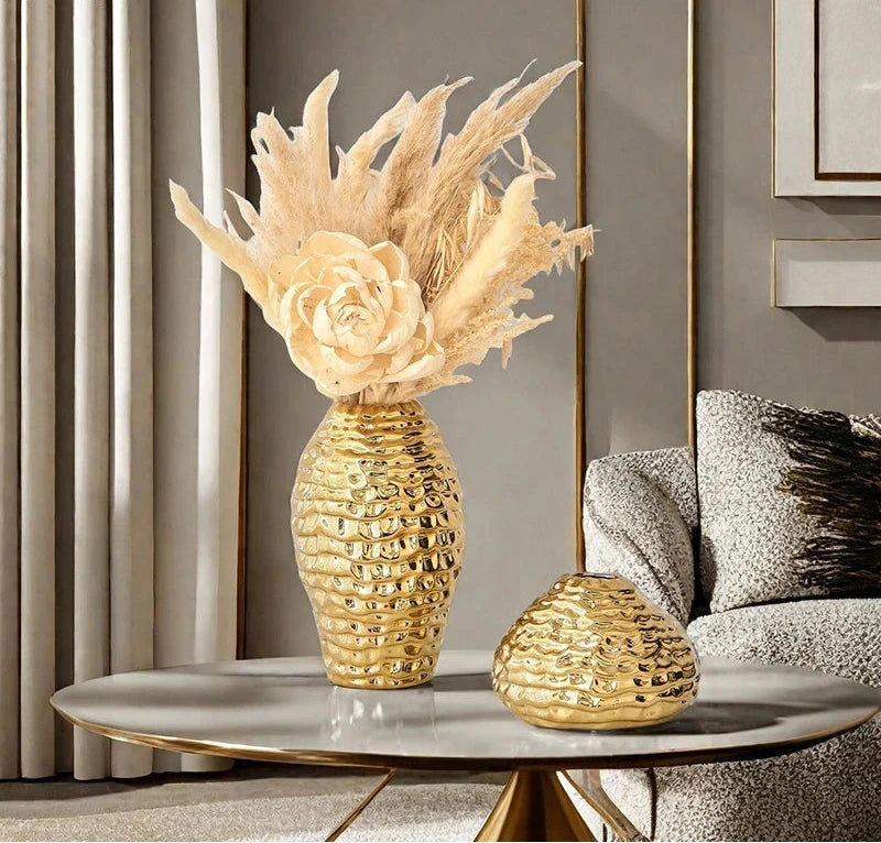 Ana Gold Wrinkle Ceramic Vase - Porcelain Flower Pot Desk Decor 14:29#S vase