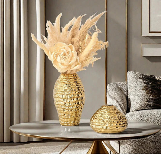 Ana Gold Wrinkle Ceramic Vase - Porcelain Flower Pot Desk Decor 14:29#S vase