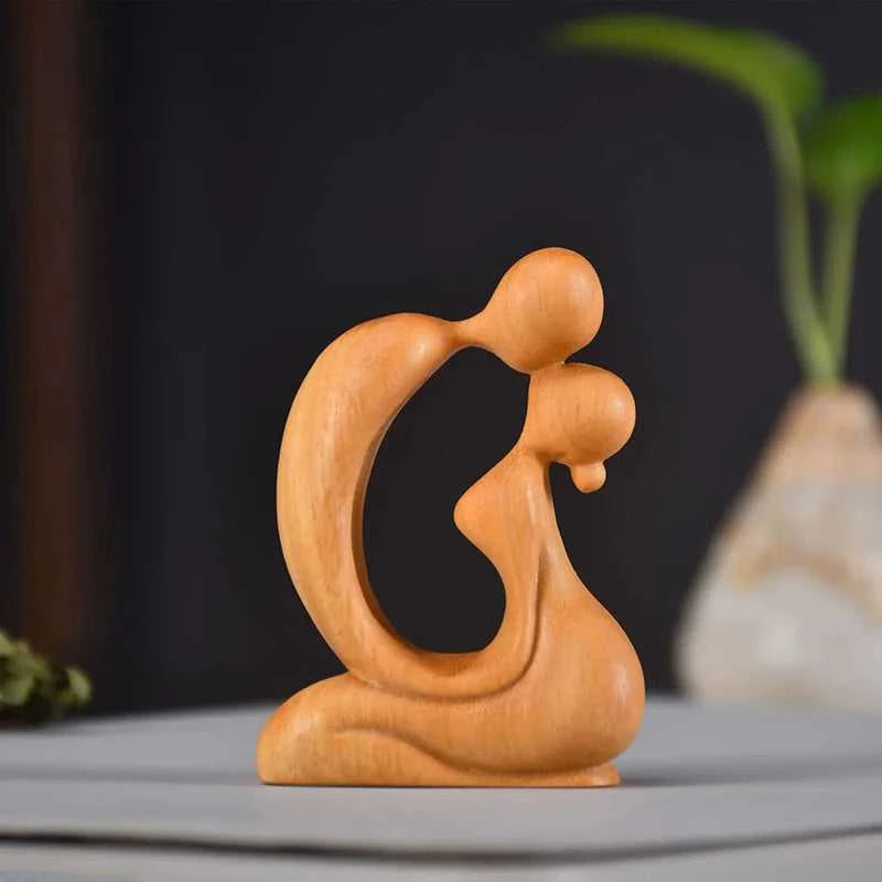 Cuddie Wood Carving Love Kiss Sculpture - Abstract Couple Figurine Gift 14:200006153#1 Decorative Sculpture
