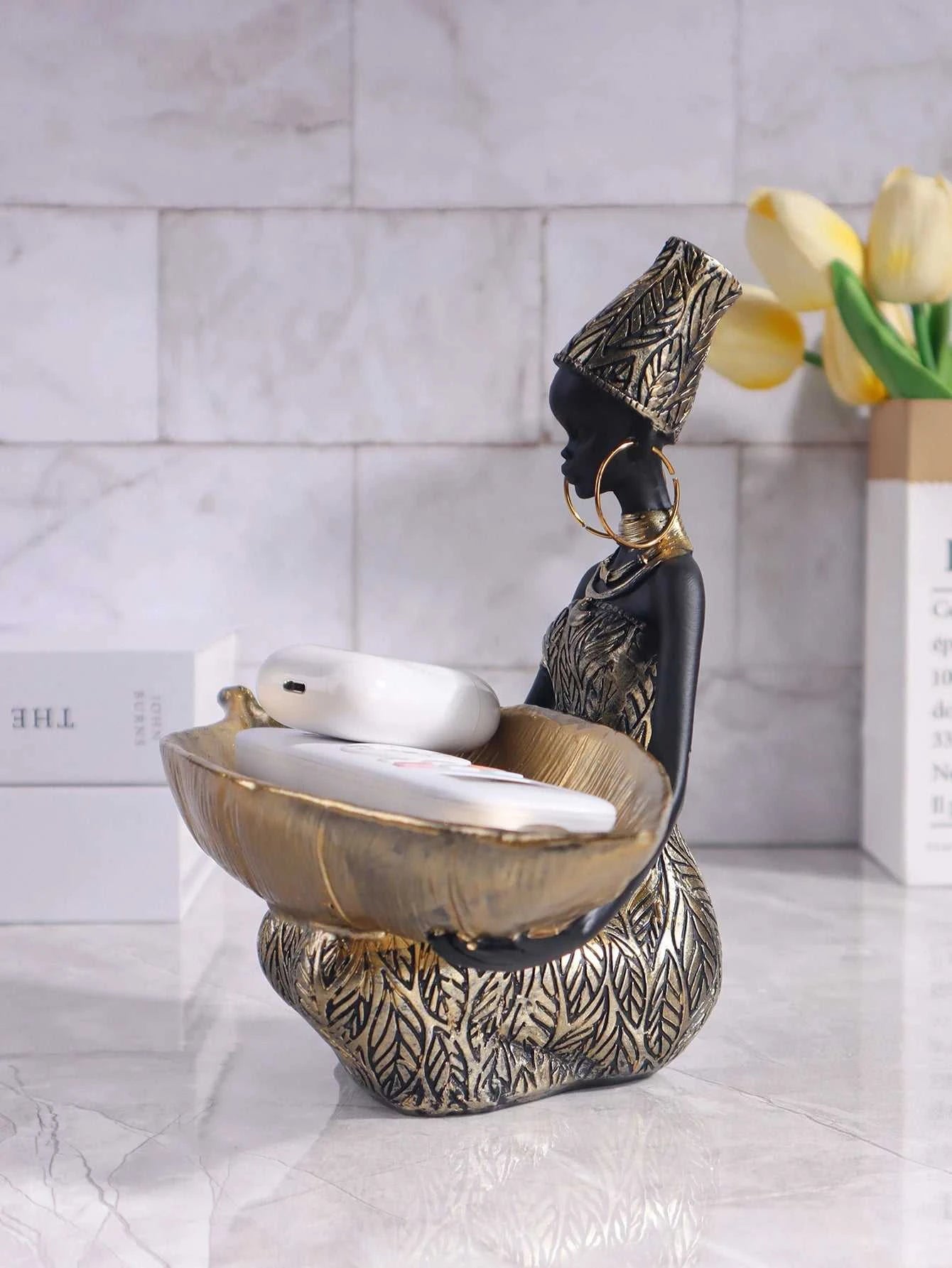 Akia African Girl Resin Sculpture - Decorative Storage Plate Ornament 14:200006151#BF0418 Decorative Sculpture