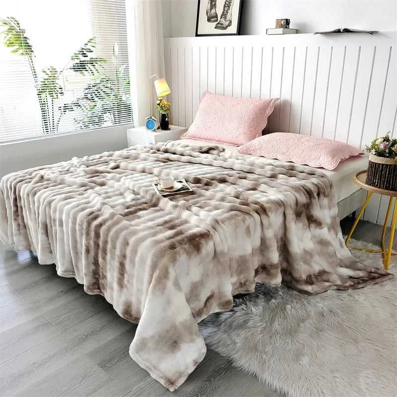 Gloria Faux Rabbit Fur Throw Blanket - Ultra-Soft Tie-Dye Plush for Sofa & Bed 14:366#Shallow Cafe;5:200011731#200x230cmswce Blankets & Throws