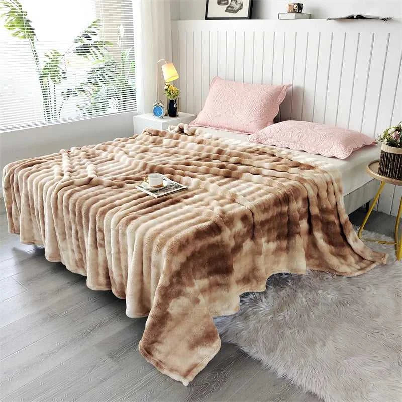 Gloria Faux Rabbit Fur Throw Blanket - Ultra-Soft Tie-Dye Plush for Sofa & Bed 14:366#Shallow Cafe;5:200011731#200x230cmswce Blankets & Throws