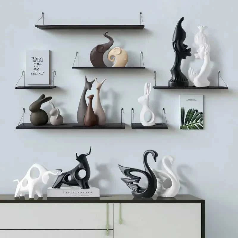 Nordic Ceramic Animals Ornaments Porcelain Ins Style Decorations Home Cabinet Crafts Elephant Cat Deer Rabbit Snail Miniatures 14:350686#Elephants Family sculptures