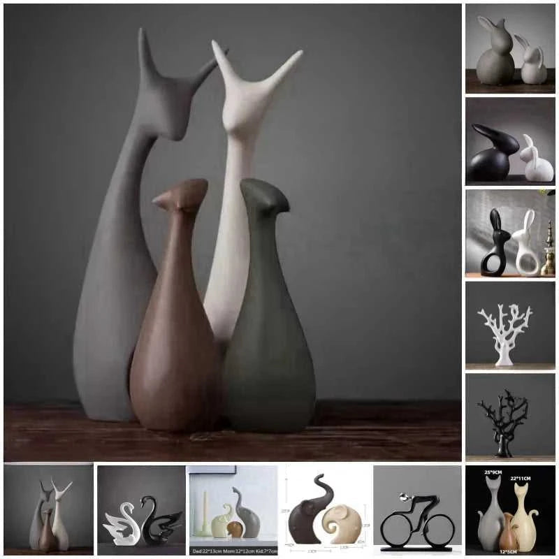 Nordic Ceramic Animals Ornaments Porcelain Ins Style Decorations Home Cabinet Crafts Elephant Cat Deer Rabbit Snail Miniatures 14:350686#Elephants Family sculptures