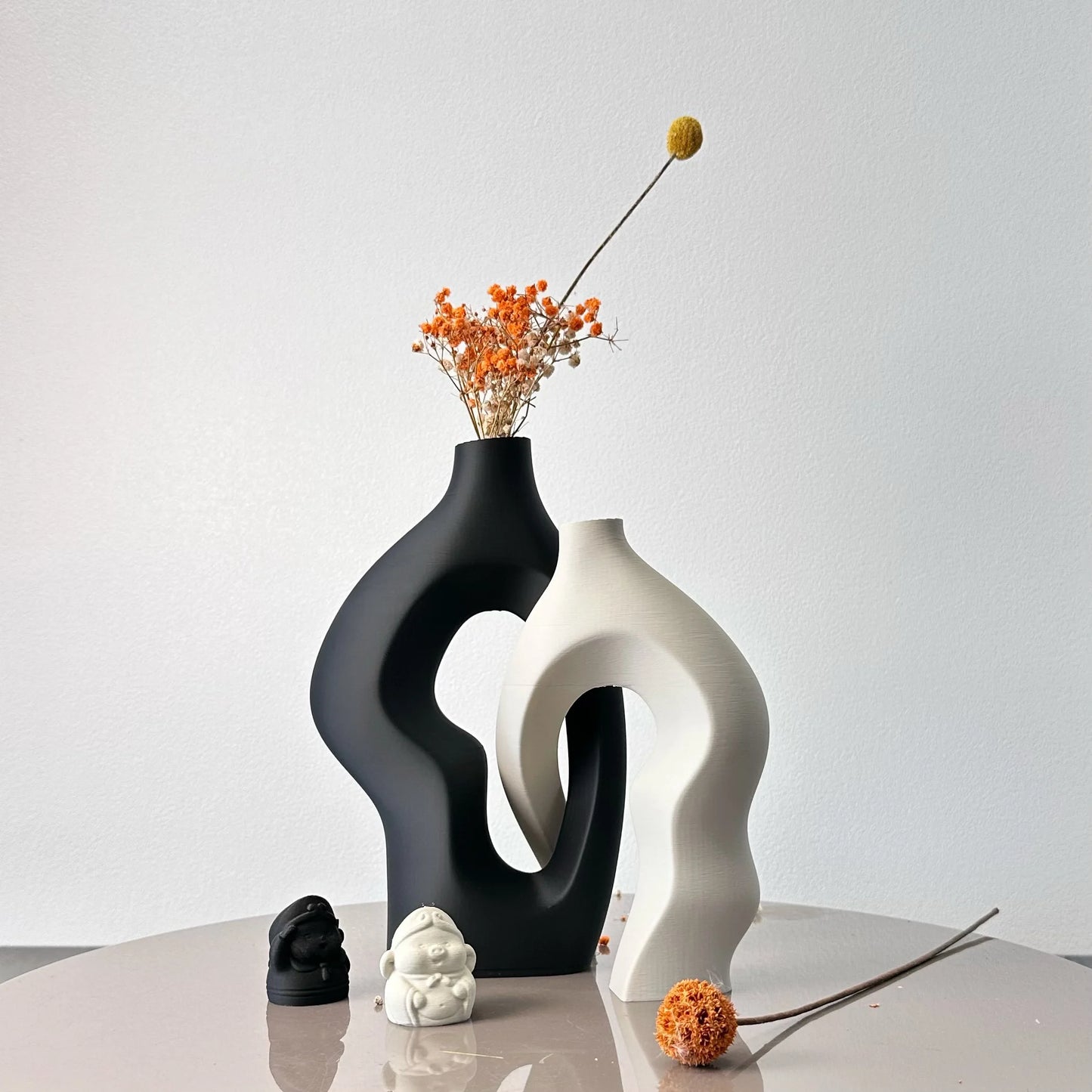Black and white twisty artistic vases set of 2 - modern sculptural design