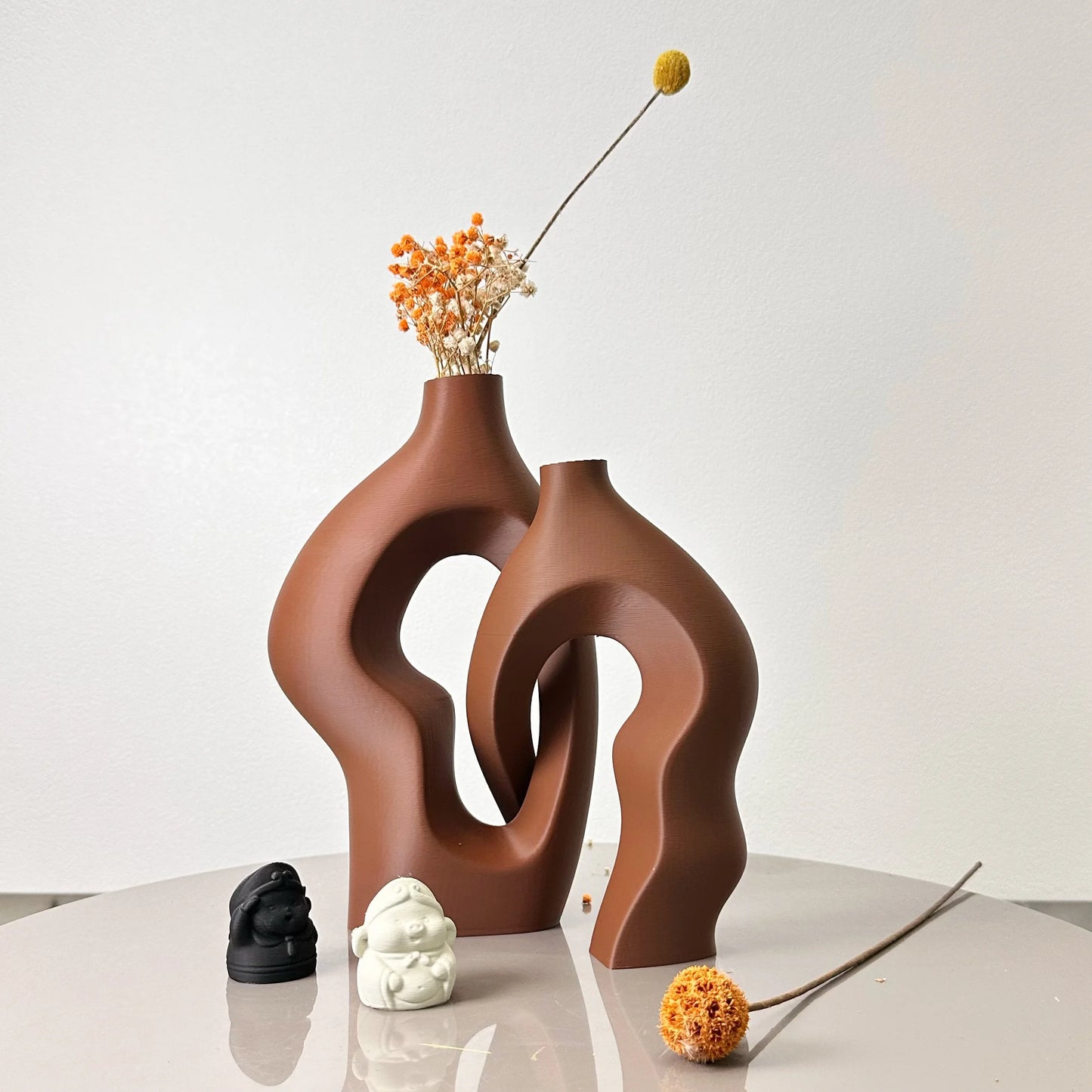 Brown twisty artistic vases set of 2 - natural modern tabletop decor