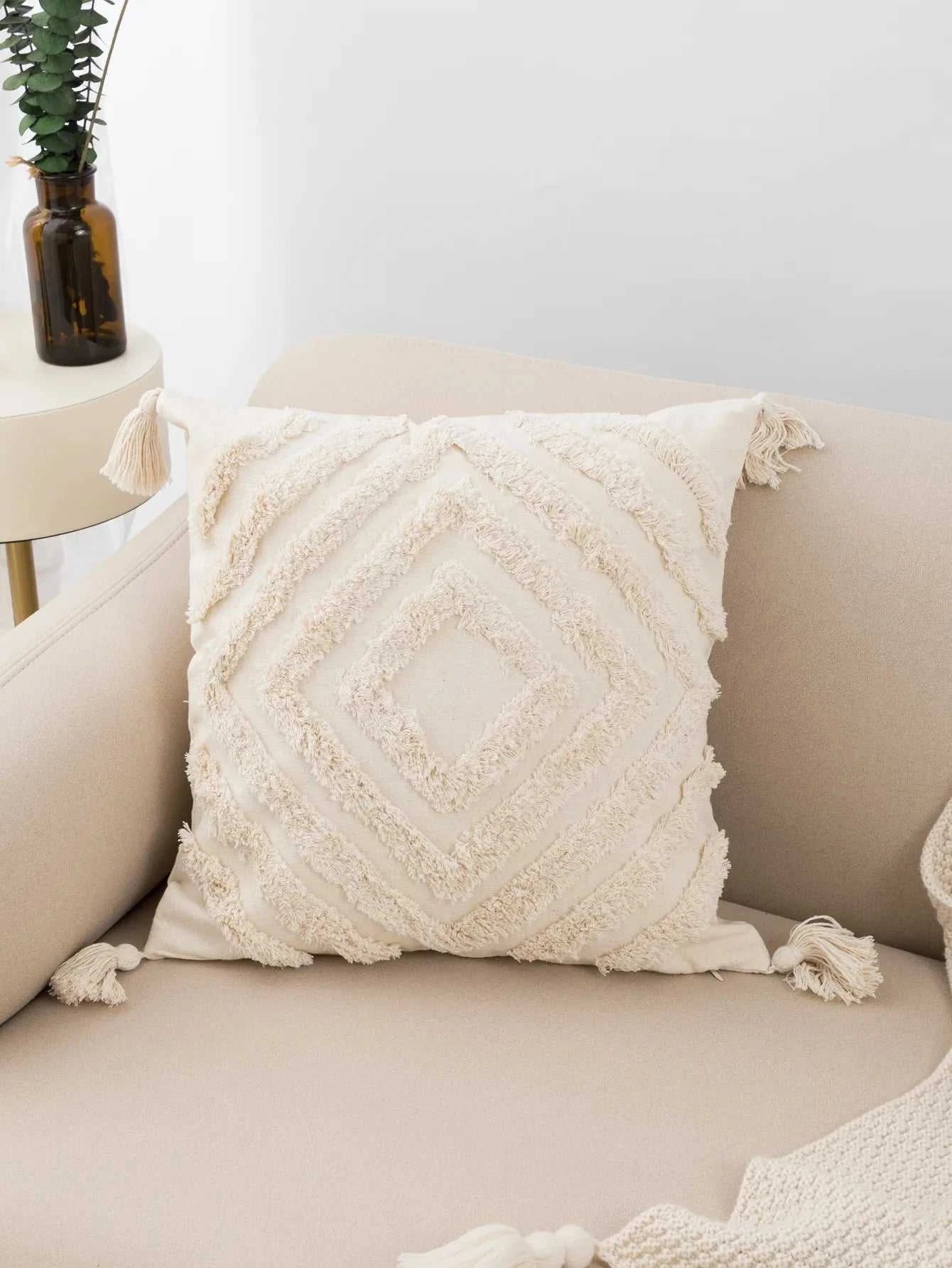 Isabe Beige Tufted Lumbar Pillow Cover - Decorative Fringe Cushion 14:771;5:202949817 Cushion Covers