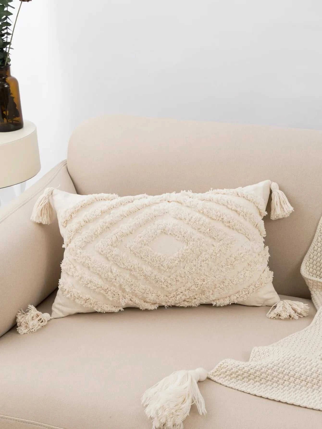 Isabe Beige Tufted Lumbar Pillow Cover - Decorative Fringe Cushion 14:771;5:202949817 Cushion Covers