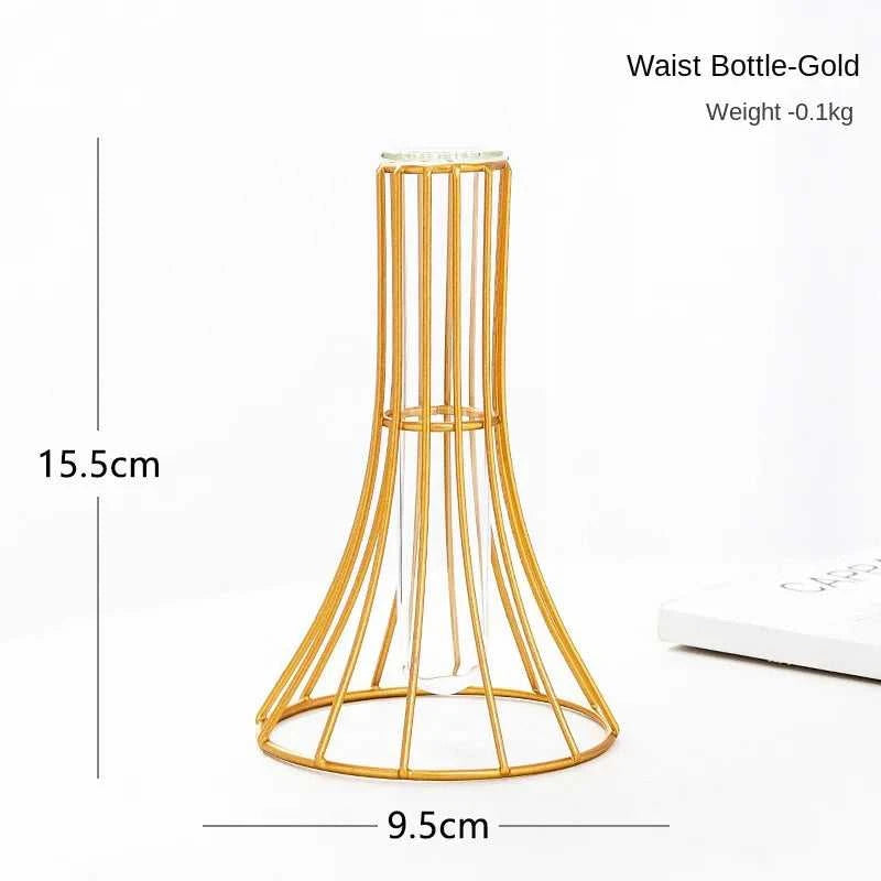 Ontto Iron Art Golden Vase with Glass Test Tube - Hollow Metal Flower Holder 14:200002130#Gold-Small Vases