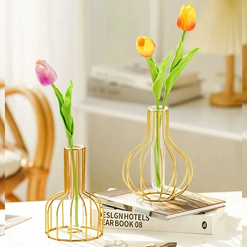 Ontto Iron Art Golden Vase with Glass Test Tube - Hollow Metal Flower Holder 14:200002130#Gold-Small Vases