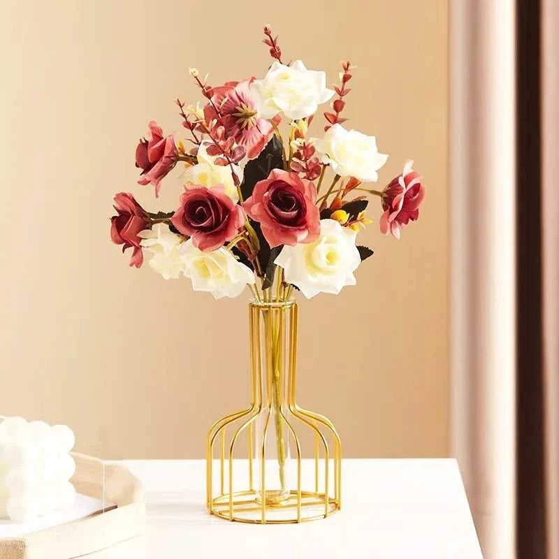 Ontto Iron Art Golden Vase with Glass Test Tube - Hollow Metal Flower Holder 14:200002130#Gold-Small Vases