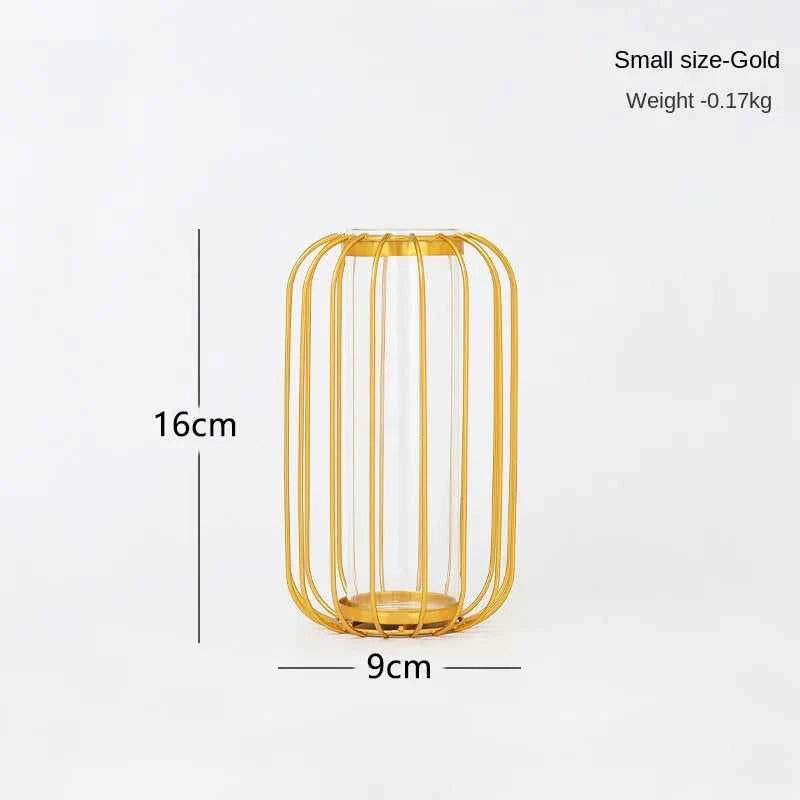 Ontto Iron Art Golden Vase with Glass Test Tube - Hollow Metal Flower Holder 14:200002130#Gold-Small Vases