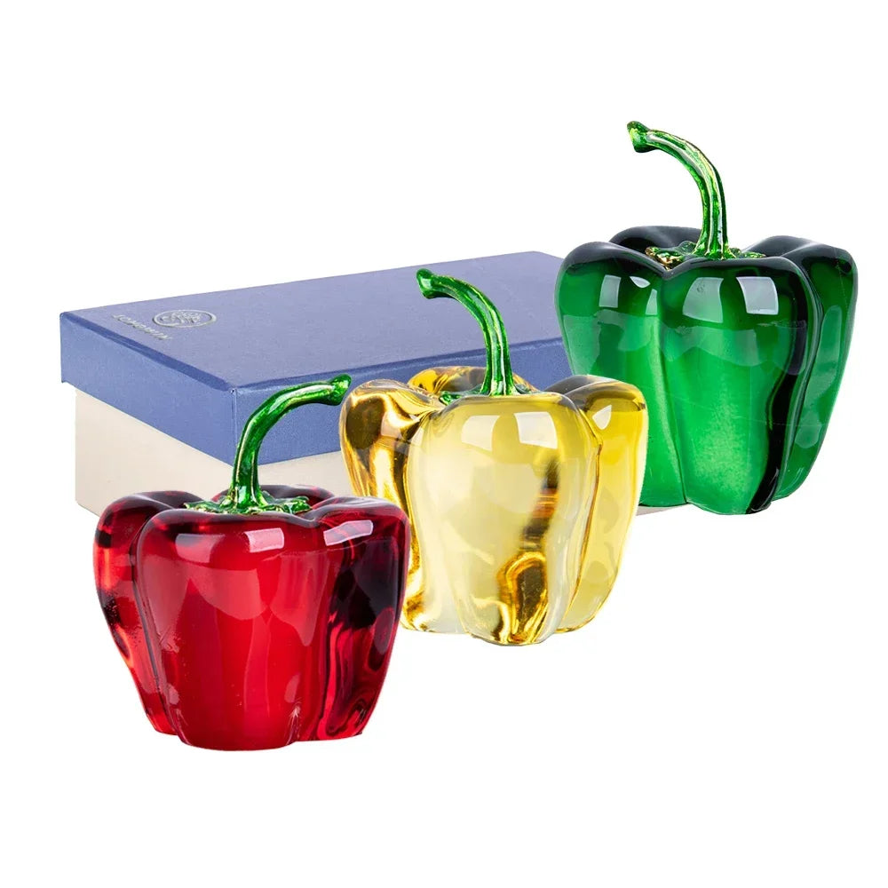 Multiple views of handcrafted glass chili pepper ornament showing colored glaze from all angles