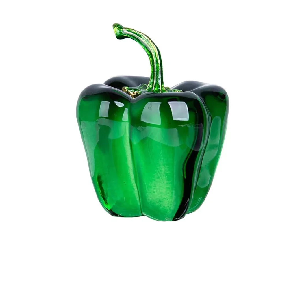 Front view of handcrafted green glass chili pepper ornament showing colored glaze from all angles