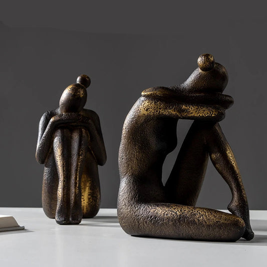 Sistery resin girl statue bookends in gold bronze finish - abstract character sculpture for bookshelf organization