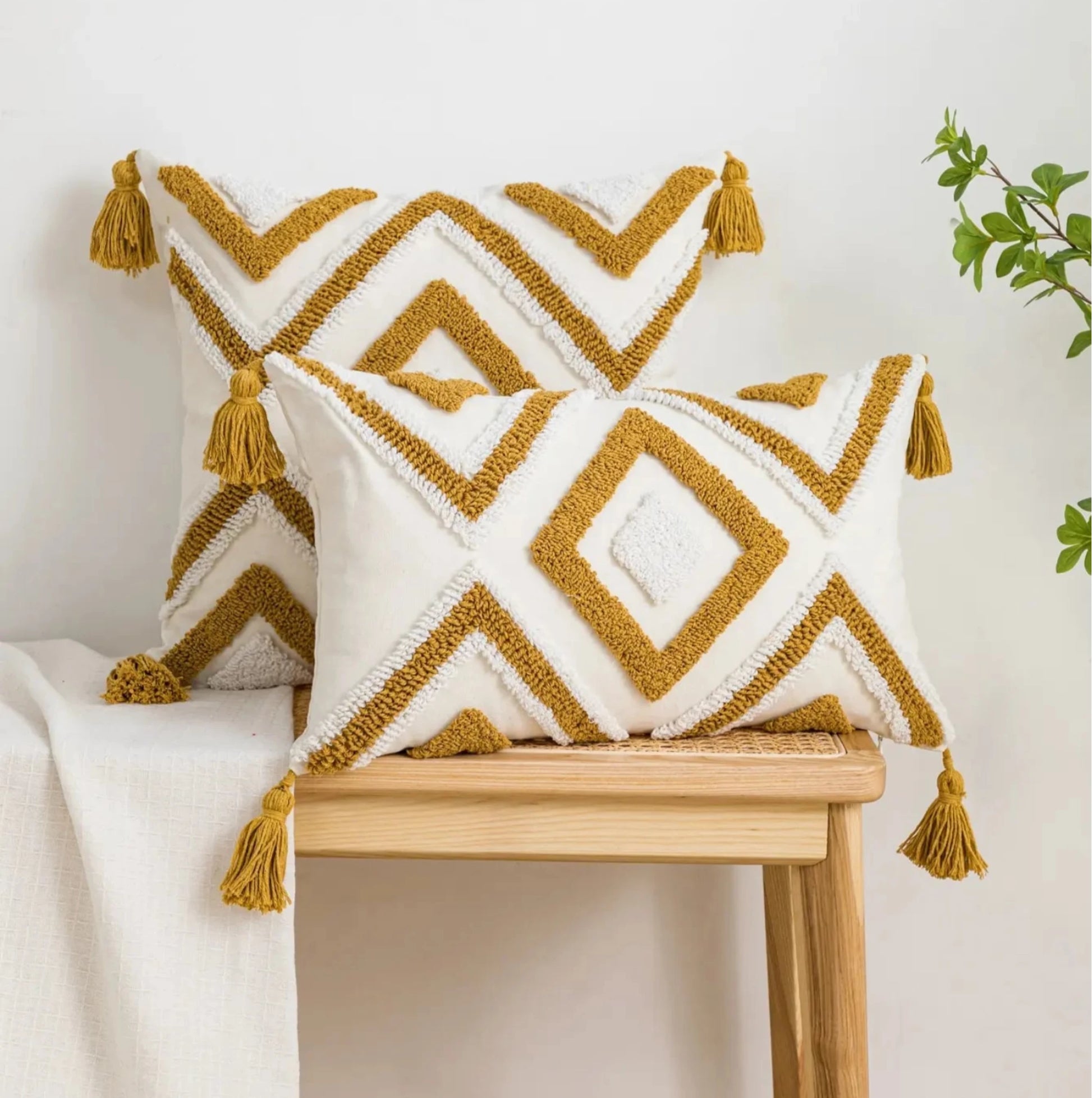 Solaris Boho Golden Brown Geometric Pillow Cover - 100% Cotton Tufted Cushion 14:350852;5:202949817 OE Cushion Covers