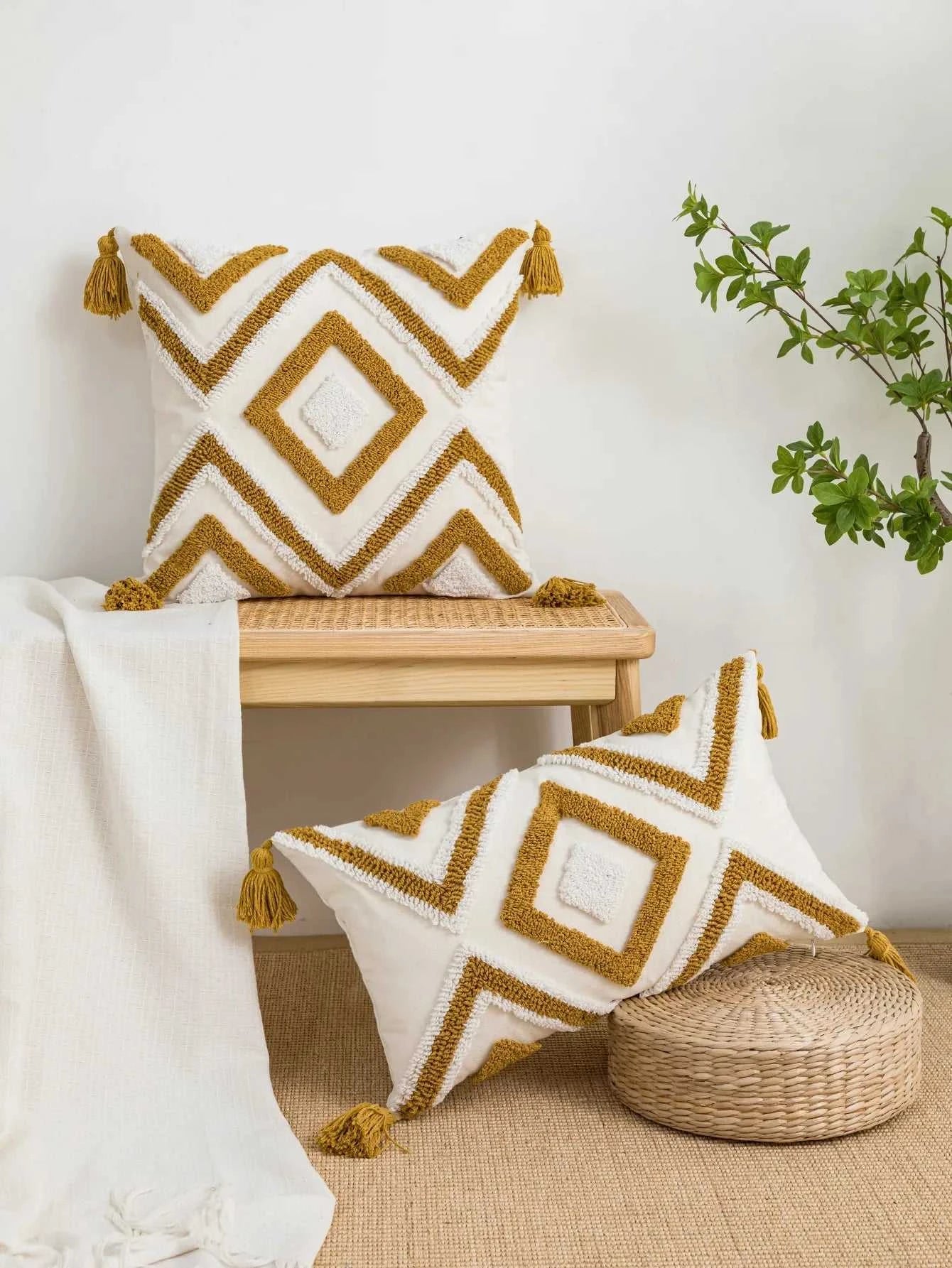 Solaris Boho Golden Brown Geometric Pillow Cover - 100% Cotton Tufted Cushion 14:350852;5:202949817 OE Cushion Covers